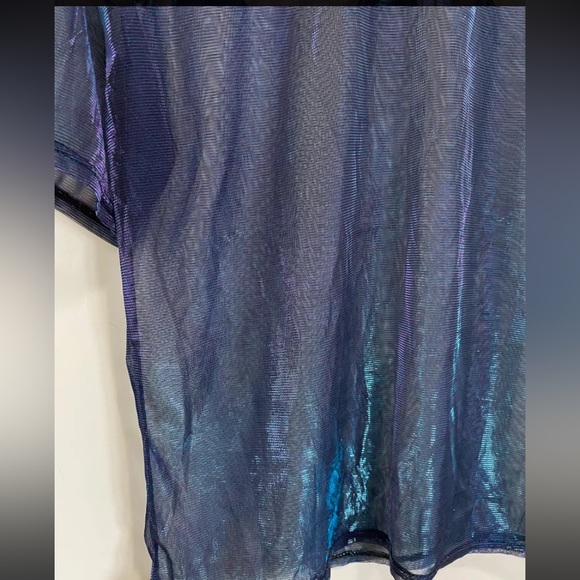 Holographic Mesh Shirt Metallic Shimmer See Through Shiny Top for Women Sz L - Picture 5 of 6